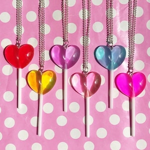 Kawaii heart shaped lollipop necklace or keychain in red yellow pink purple or blue