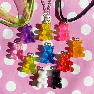 Kawaii candy bear necklace in pink blue green red orange yellow or purple keyring keychain