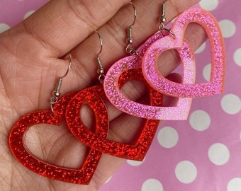 Super glittery heart earrings hook stud or clip on in pink or red