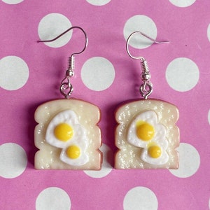 Funky fried egg on toast earrings hook stud or clip on