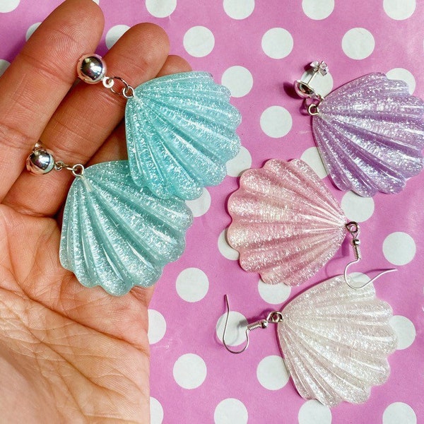 Pretty pastel glitter seashell earrings stud or clip on pink blue white or purple