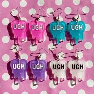 Ugh drippy heart earrings in pink blue white or purple hook stud or clip on