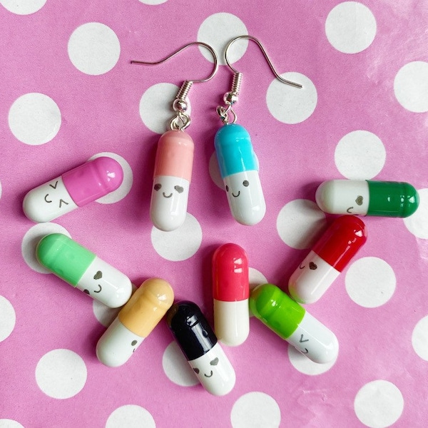 Kawaii happy pill capsule earrings hook stud or clip on gold or silver