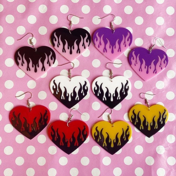 Funky flame heart earrings hook stud or clip on in pink red black purple yellow and white