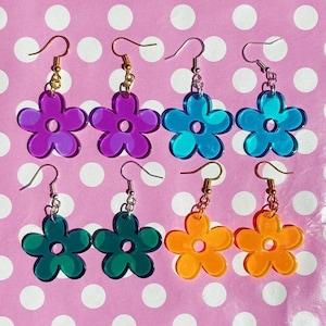 Pretty see through flower earrings in orange green blue and purple hook stud or clip on