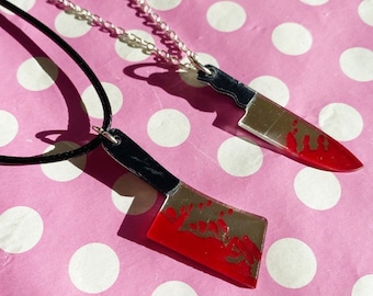Bloody meat cleaver or knife necklace chain or cord or earrings