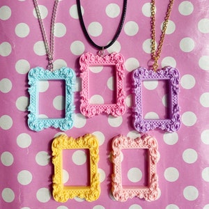 Ornate picture frame necklace hook stud or clip on in pastel pink blue yellow or purple lavender