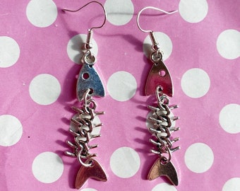 Creepy cute silver fishbone earrings hooks stud or clip on