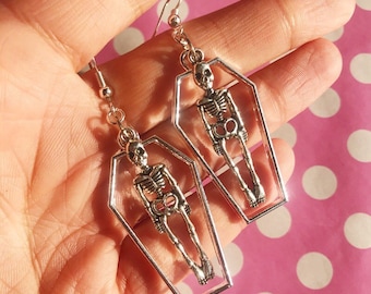 Skeleton in a coffin earrings in hook stud or clip on