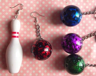Funky bowling pin and ball earrings in red purple green or blue