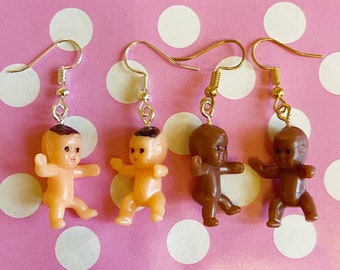 Creepy baby doll earrings hook stud or clip on in gold or silver black or white