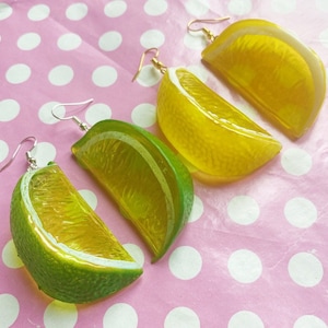 Giant lemon or lime fruit slice earrings hook stud or clip on gold or silver