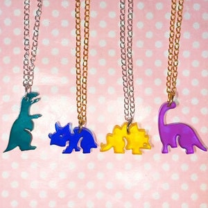 Kawaii dinosaur necklace in see through acrylic gold or silver chain