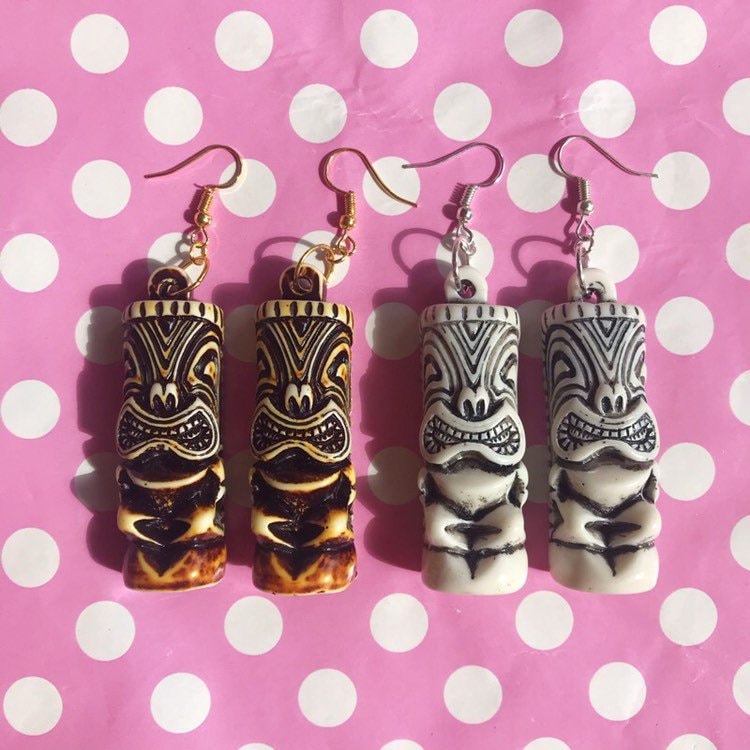 Funky Tiki man earrings hooks studs or clip ons brown or white