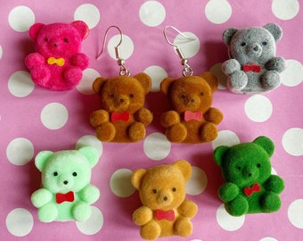 Kawaii fuzzy bear earrings in brown pink mint green blue and grey hook stud or clip on
