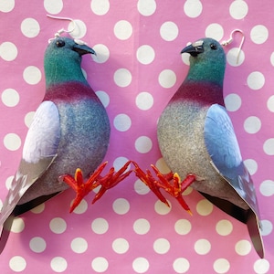 Giant pigeon earrings hook or clip on