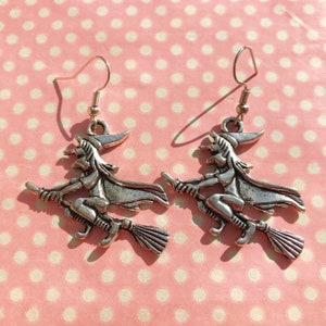 Wicked witch on a broomstick earrings hook stud or clip on vintage halloween style