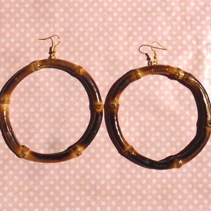 Large real burnt bamboo hoop earrings hook stud or clip on
