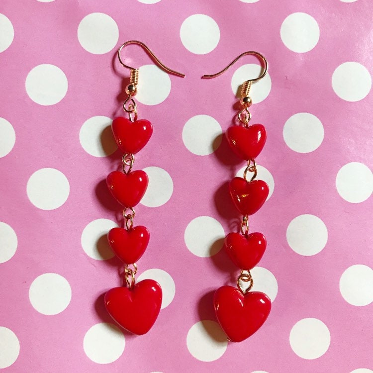 Pretty Red Heart Bead Drop Earrings Hook Stud or Clip On - Etsy