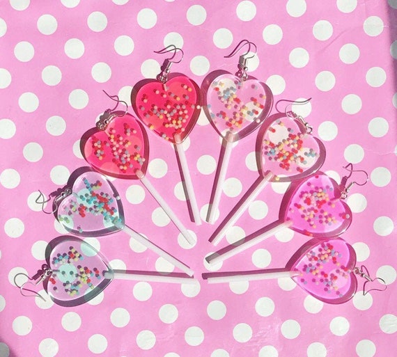 Kawaii Candy Sprinkle Heart Shaped Lollipop Earrings in Red Etsy