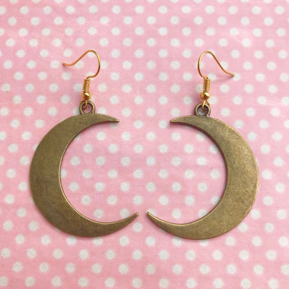 Giant Gold Crescent Moon Earrings Hook Stud or Clip On 