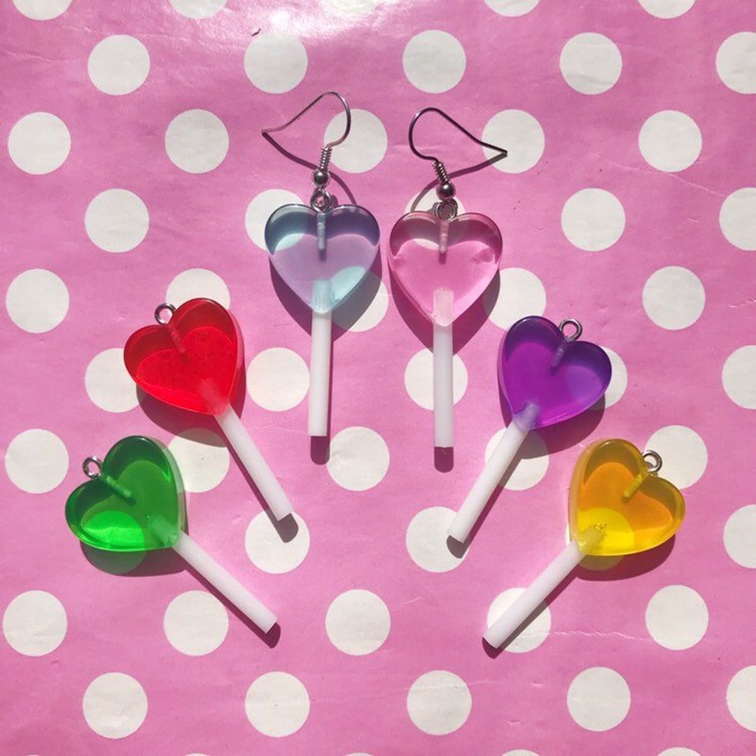 Kawaii Heart Shaped Lollipop Earrings in Red Yellow Pink - Etsy