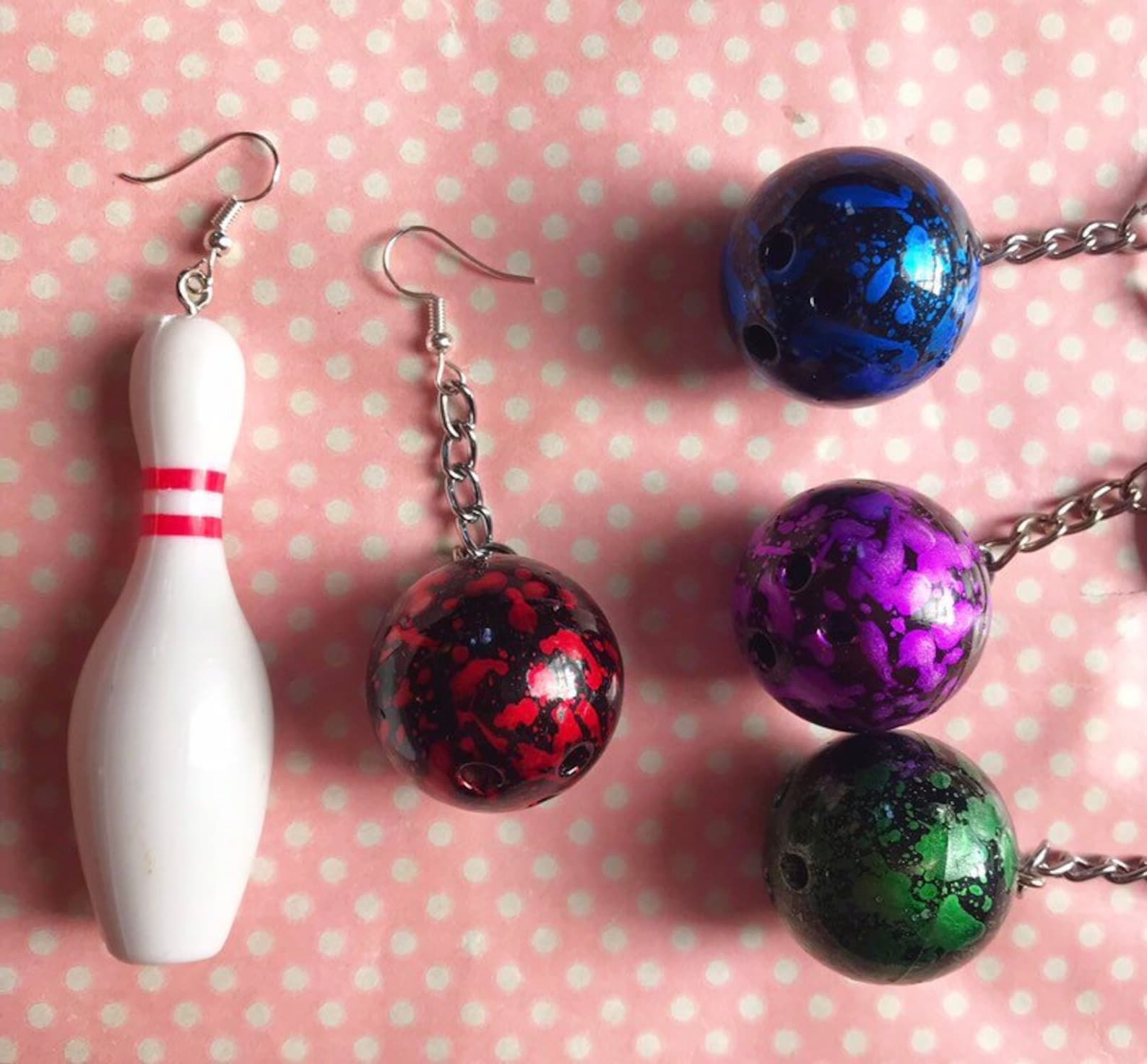 Funky Bowling Pin and Ball Earrings in Red Purple Green or Etsy