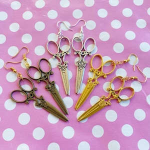 Large ornate scissor earrings in gold silver or bronze hook stud or clip on