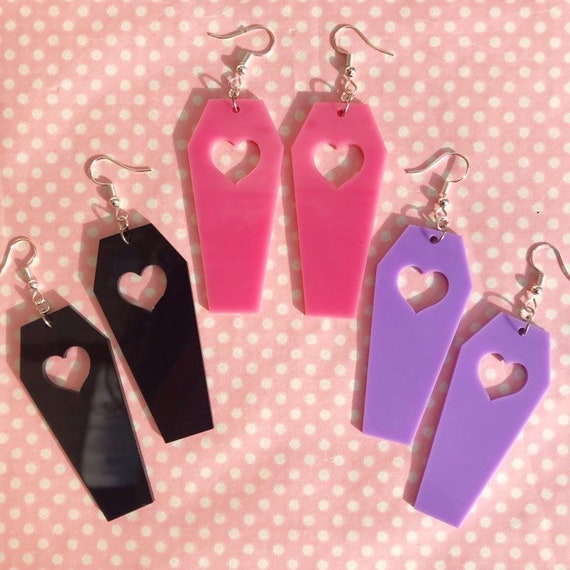 Kawaii heart coffin earrings in black pink or lavender hook stud on clip on