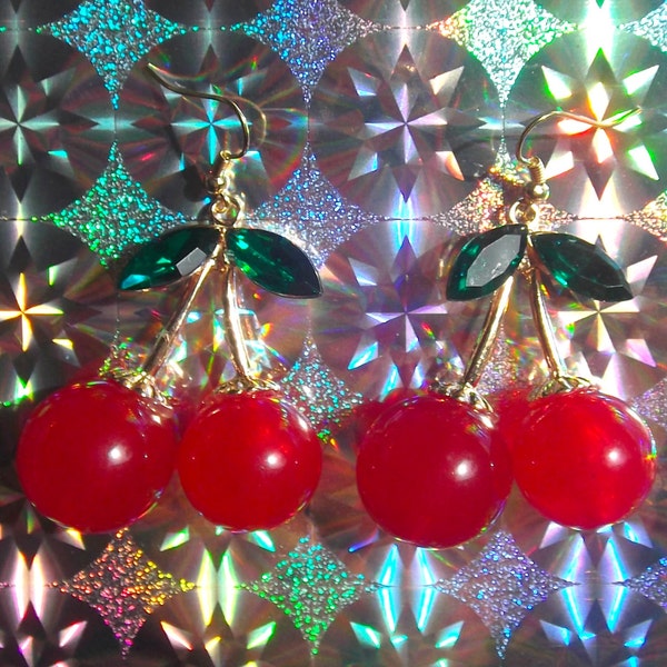 Giant cherry dangly earrings hooks stud or clip on