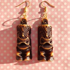 Funky Tiki man earrings hooks studs or clip ons gold or silver
