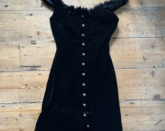 Vintage 60s negro terciopelo mini vestido piel sintética tamaño Reino Unido 6 EE.UU. 2 XS