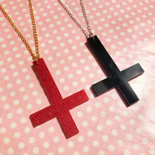 Inverted cross necklace in black or red