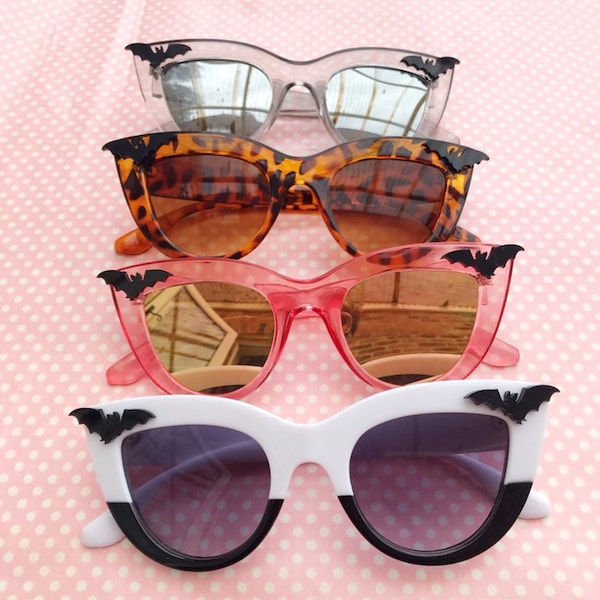 6 colours! Creepy black bat sunglasses in black and white halves, pink, tortoise shell, grey or orange