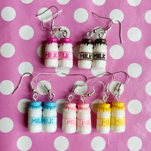 Cute milk bottle earrings in strawberry raspberry chocolate blueberry or banana hook stud or clip on