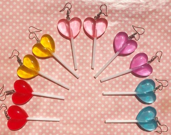 Kawaii heart shaped lollipop earrings in red yellow pink purple or blue hook stud or clip on decora kei