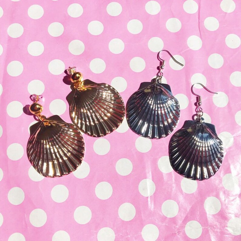 Large Seashell Earrings in Gold or Silver Hook Stud or Clip On Etsy