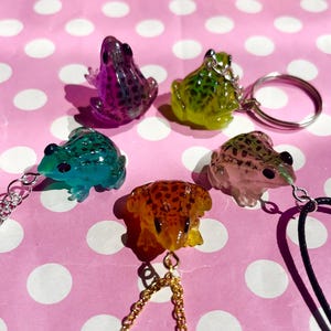 May include: Five frog charms in different colours, including green, purple, orange, and clear. The charms are made of resin and have a glossy finish. Some of the charms are attached to necklaces and keychains.