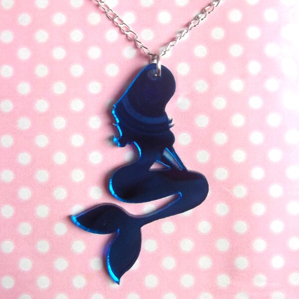 SALE Pretty mermaid silhouette blue mirrored acrylic necklace