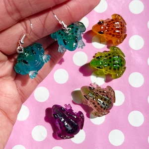 Cute frog earrings hook stud or clip on gold or silver blue purple green orange pink