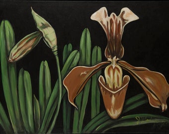 ORCHID # 6, orchid paintings, orchid prints, floral painting, floral print, botanical lady slipper orchid print