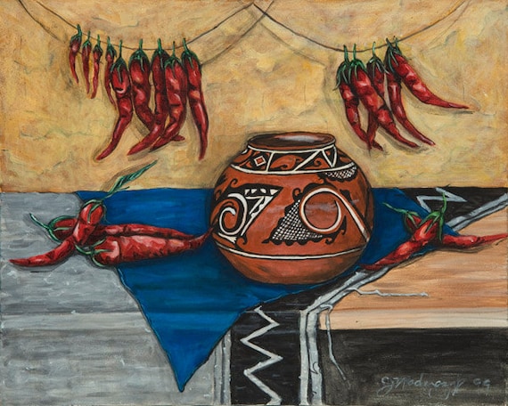 HOT STUFF, western paintings, still life painting, native american painting, navaho zuni pot painting, tribal prints, still life print