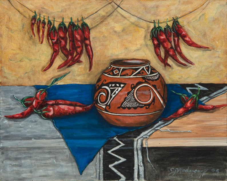May include: A still life painting of red chili peppers hanging from a string, with a brown pottery bowl with geometric designs on a blue and black patterned cloth. The painting is signed "Syndergaff 05".