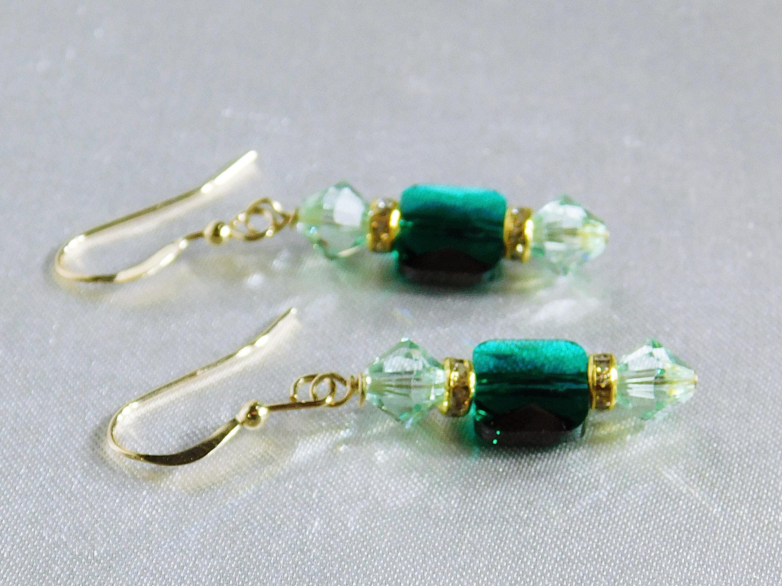 ピアス Green Crystal & Glass Beads Dangling Earrings Green Glass Earrings Dangle Earrings - Etsy