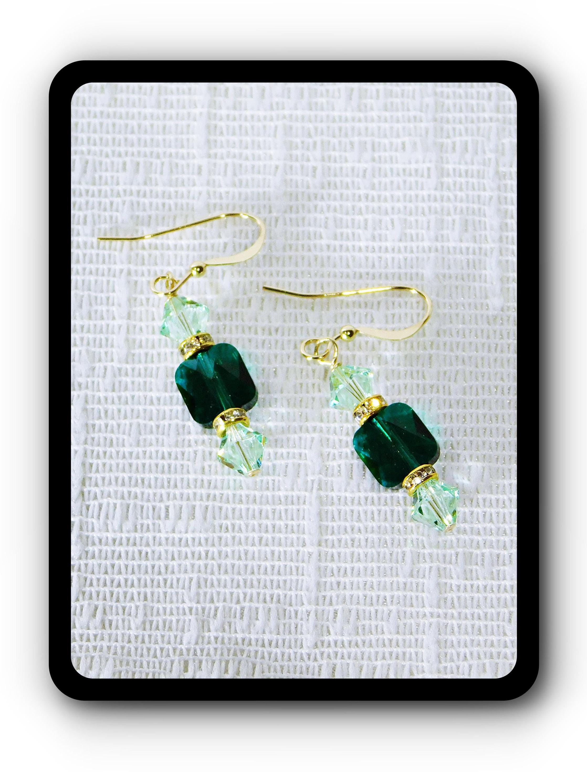 ピアス Green Crystal & Glass Beads Dangling Earrings Green Glass Earrings Dangle Earrings - Etsy