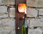 Modern Industrial Wine Bottle Tiki Torch Oil Lamp with Hand Hammered Copper Reflector and Shou Sugi Ban Lumber