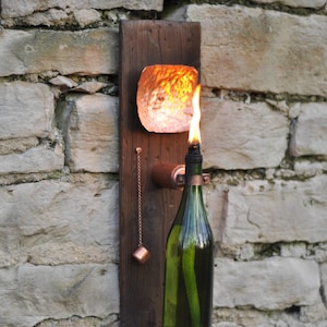 Modern Industrial Wine Bottle Tiki Torch Oil Lamp with Hand Hammered Copper Reflector and Shou Sugi Ban Lumber