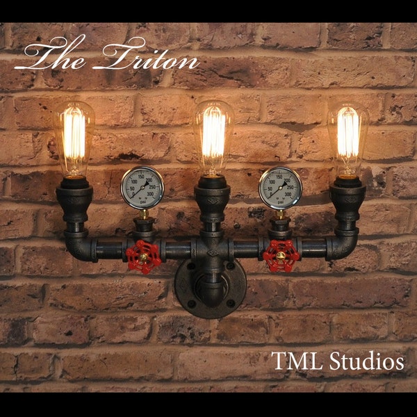 The Triton - Industrial Steampunk Black Pipe Light Fixture with Pressure Gauges and Vintage Edison Bulbs