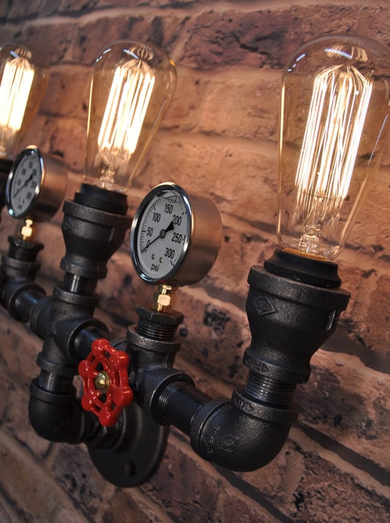 The Triton Industrial Steampunk Black Pipe Light Fixture With Pressure