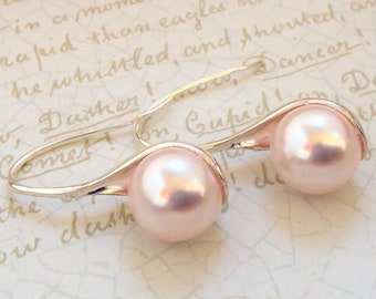 Austrian Roesaline Pearl Earrings - Silver Bridal Earrings, Bridesmaid Jewelry, Pearl Bridal Earrings, Bridesmaid Pearl Earring, Blush Pink